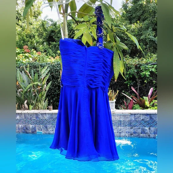 SHERRI HILL GORGEOUS ROYAL BLUE JEWELED ONE SHOULDER COCKTAIL FLARED DRESS Sz 12 - Picture 2 of 6